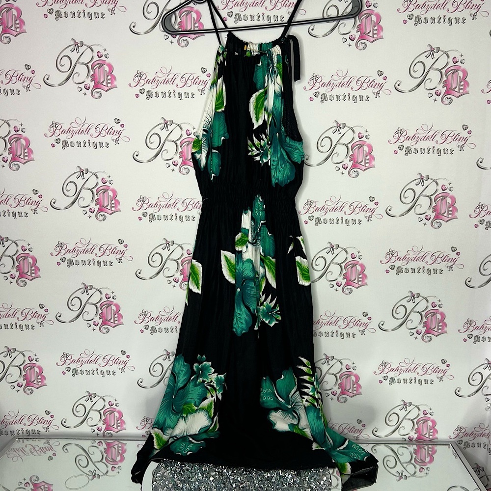 Hawaii dress halter floral black blue green white coverup beach swim classic